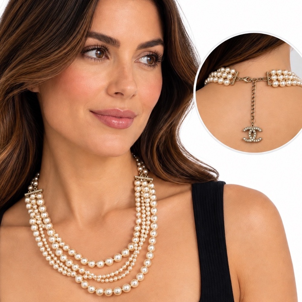 Chanel MultiStrand Pearl CC Logo Necklace White Metal 14C A64756 France Gift Box